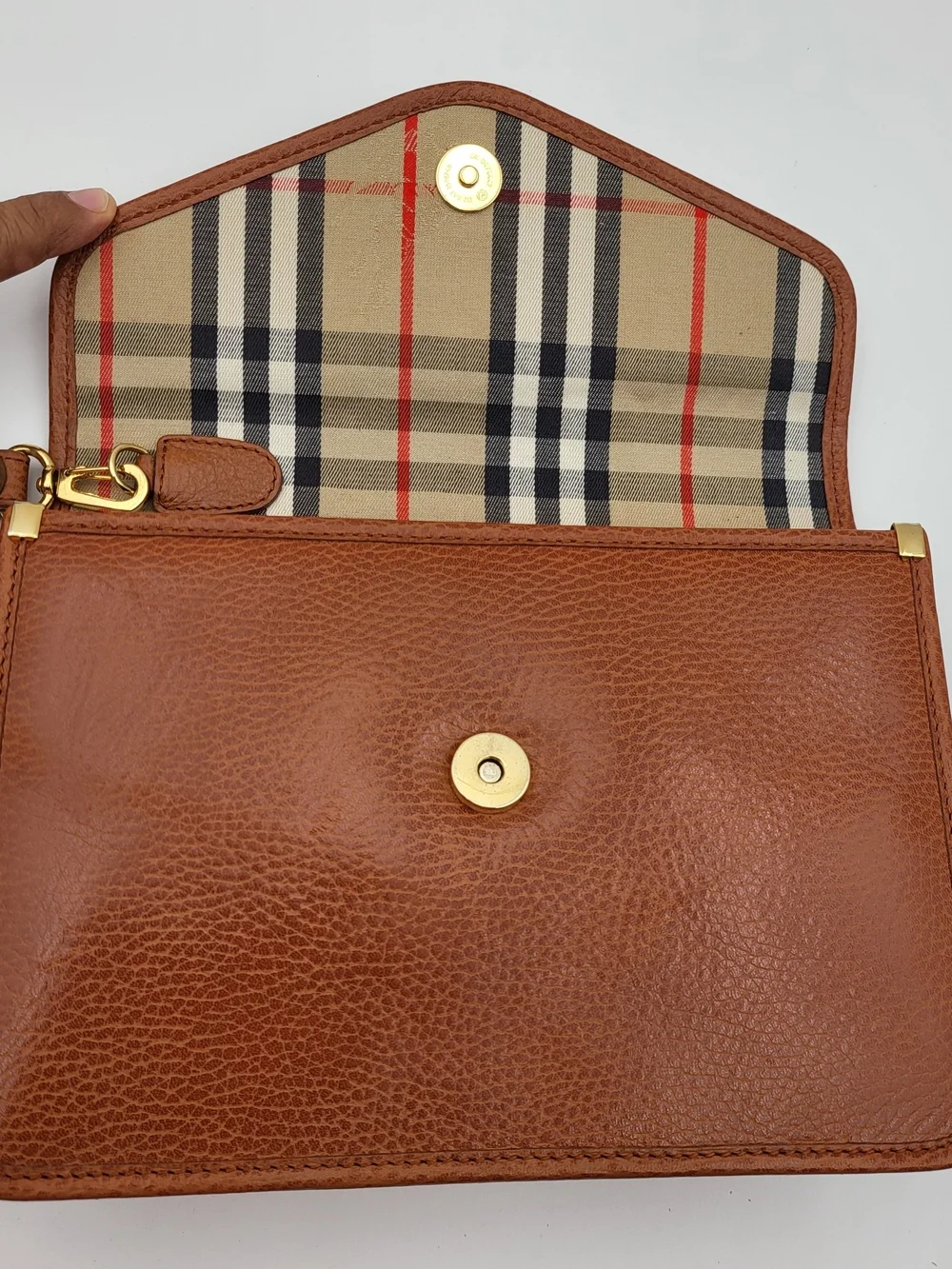 Burberry, Burberrys Brown Calfskin Leather Wristlet Vintage Clutch, Authentic..